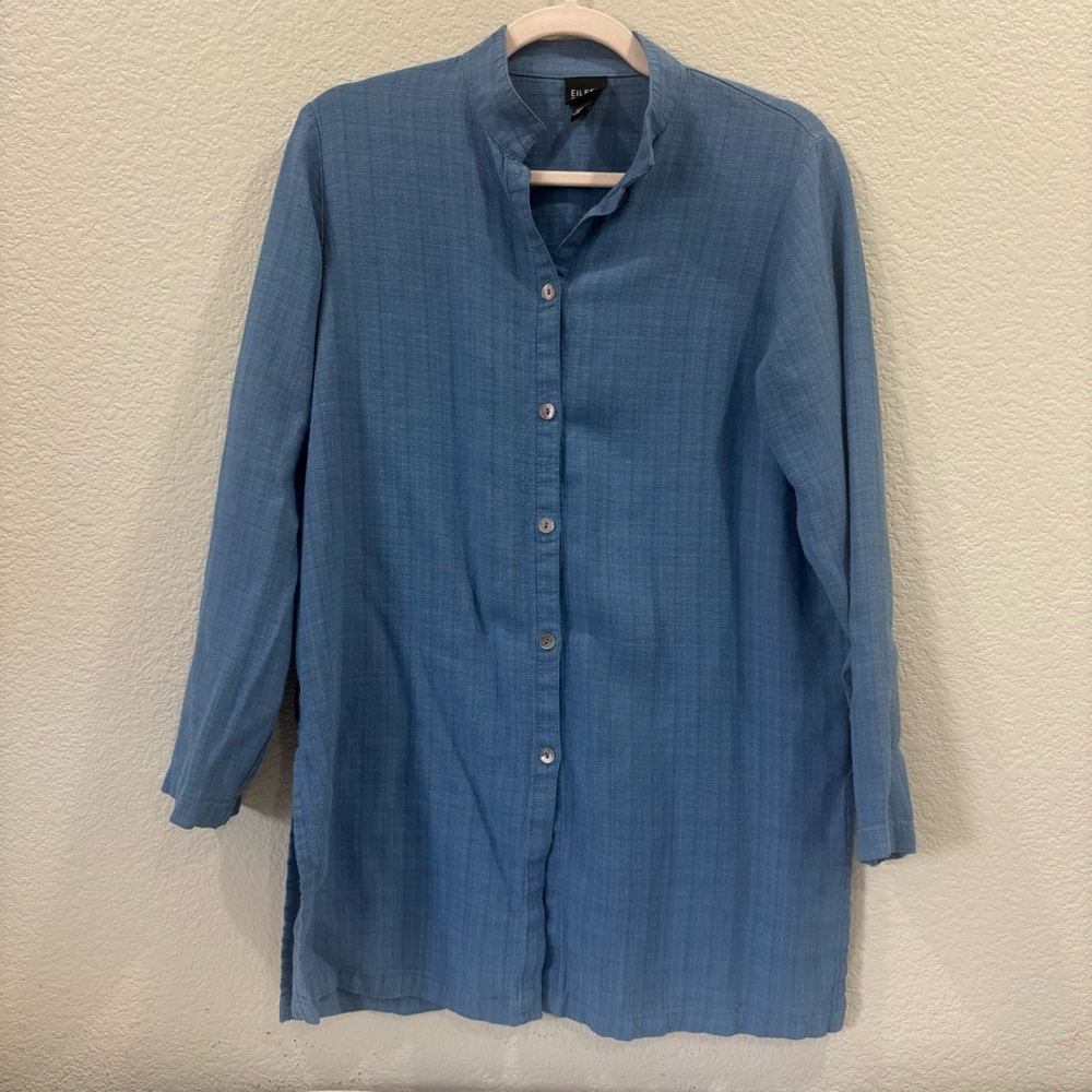 Eileen Fisher Blue Linen Button Front Tunic Top Women’s Small USA